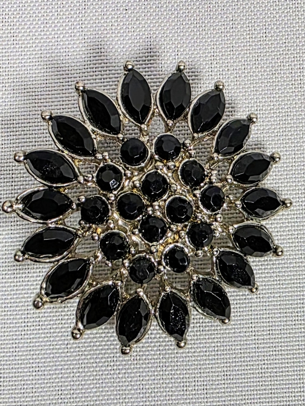 Black Rhinestone Flower Brooch Silver Tone Statement Floral Pin